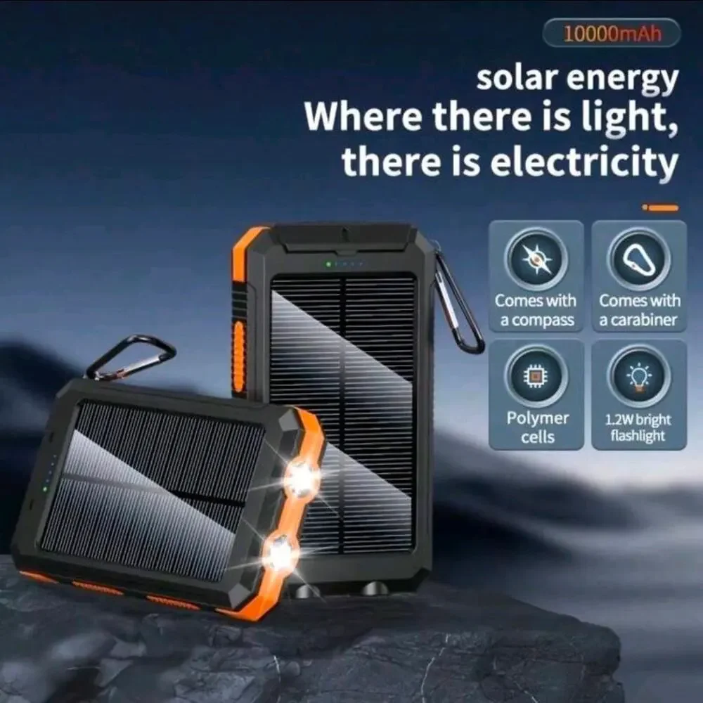 10000mAh Solar Power Bank Dual USB & USB-C Output Charger For Outdoor Adventures